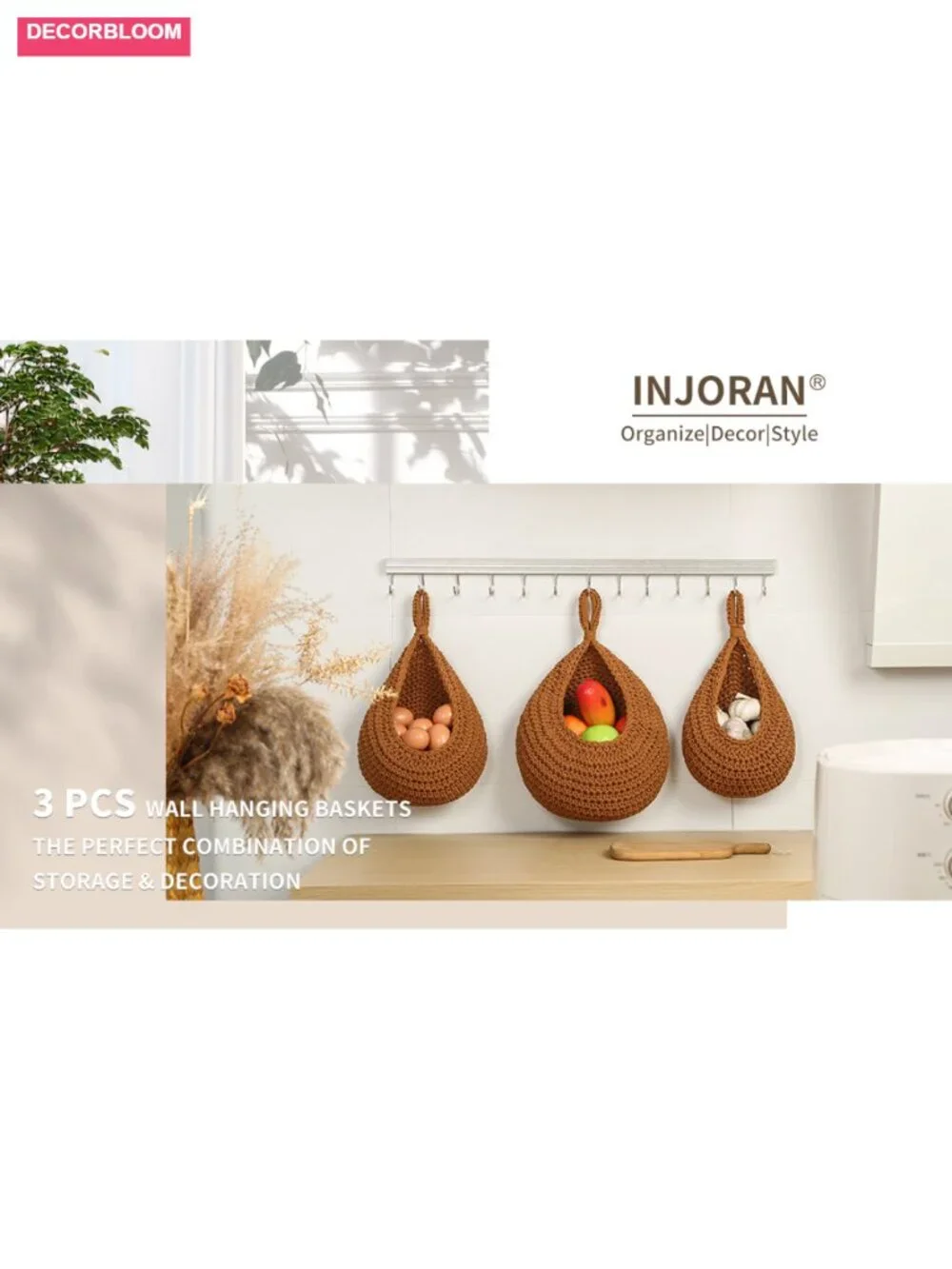 Boho Cotton Rope Hanging Fruit Baskets 3-Pack with Hooks Kitchen Storage